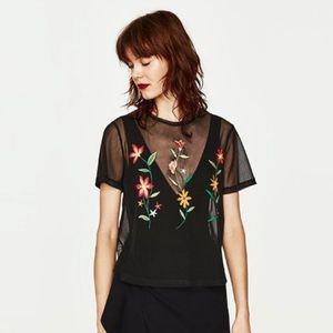 Zara Sheer Embroidery Flower T-shirt
